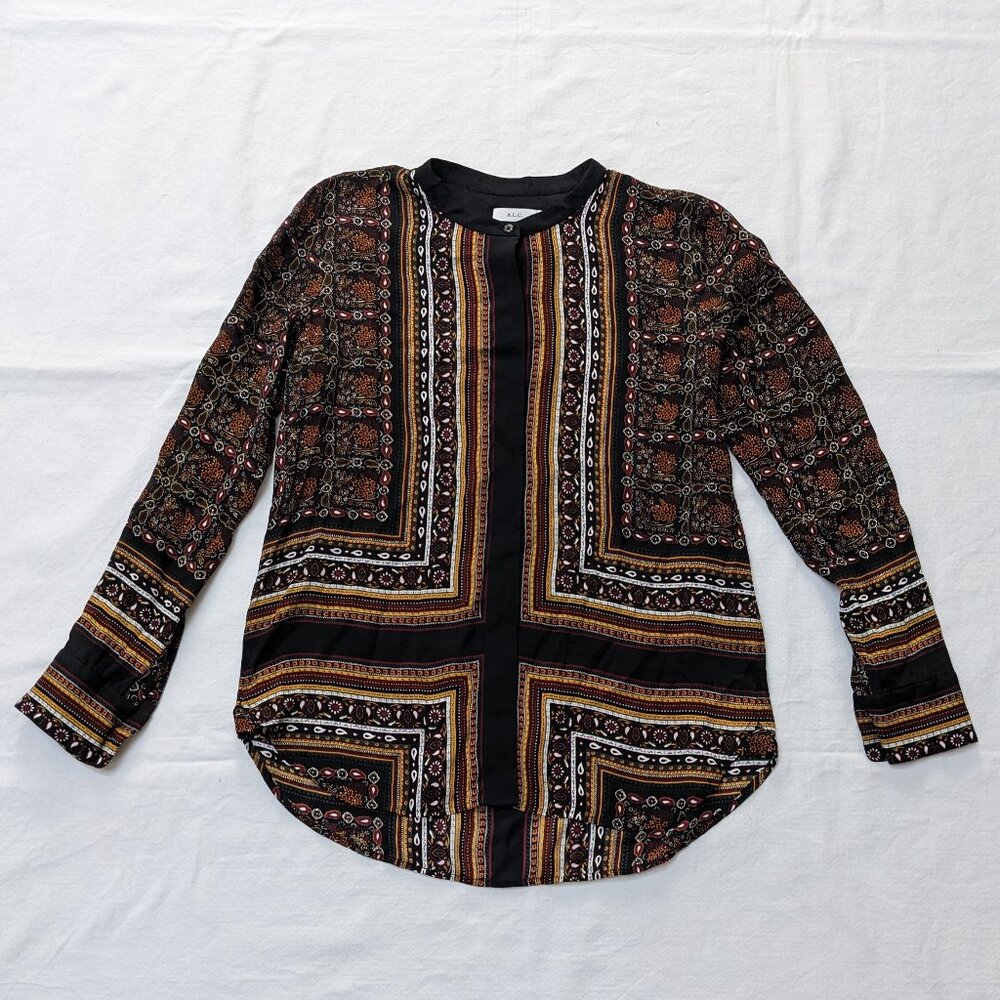 A.L.C Barneys New York Printed Silk Long Sleeve Blouse Top Size US 4 Black/Red